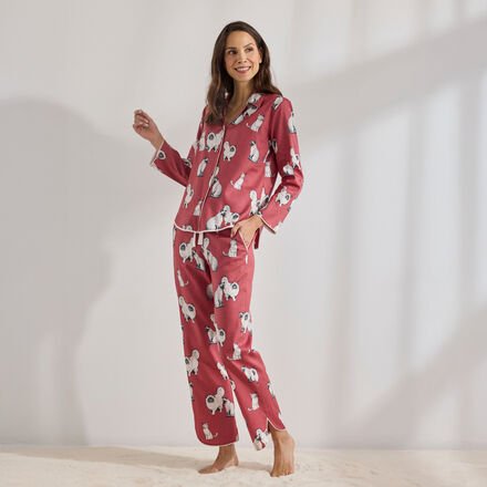 Damen-Pyjama mit Katzen-Motiv - Hell-Bordeaux mit Katzen, 60 % Baumwolle, 40 % Modal, Größe 44