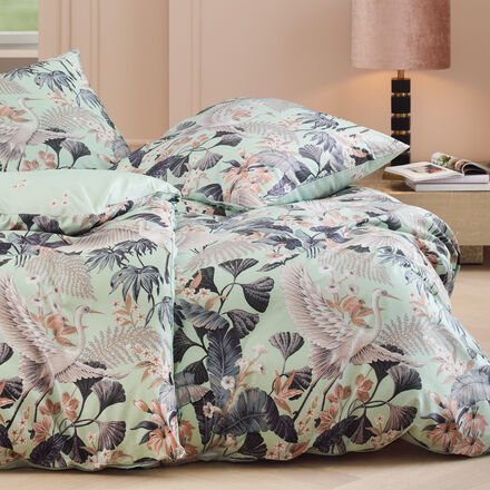 Satin-Wende-Bettwäsche Kranich, lindgrün, 135 x 200 + 80 x 80 cm