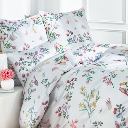 2-tlg. Satin-Bettwäsche-Set 135 x 200 + 80 x 80 cm - Vogel/Blumen-Muster, 100 % Baumwolle, OEKO-TEX® STANDARD 100, Reißv...
