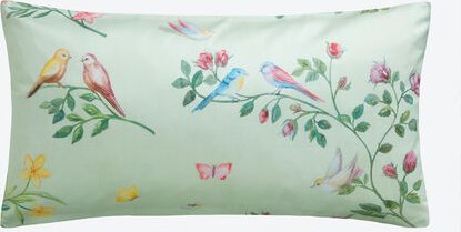 Satin-Kissenbezug 40 x 80 cm - Vogel/Blumen-Muster, Pastellfarben, 100 % Baumwolle, OEKO-TEX® STANDARD 100, Reißverschlu...