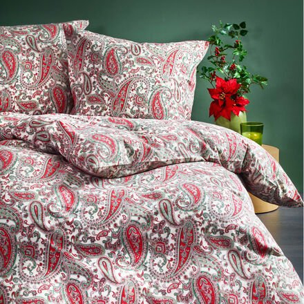 Flanell-Bettwäsche-Set Paisley - 135/200 + 80/80 cm, Paisley-Muster Rot, 100 % Baumwolle, Reißverschluss, Maschinenwäsch...
