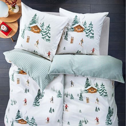 Feinbiber Bettwäsche "Chalet & Vichy" - ca. 155/220 + 80/80 cm, 100 % Baumwolle, Motiv Chalets bunt, Wendeseite Vichy-Ka...