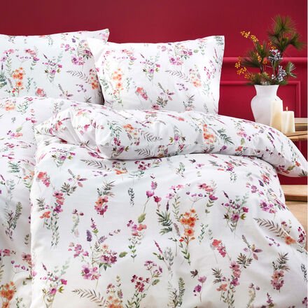 Flanell-Bettwäsche-Set "Millefleurs" - 155/220 + 80/80 cm, buntes Allover-Motiv auf Weiß, 100 % Baumwolle