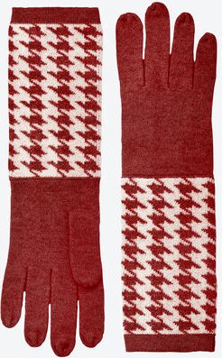 Fingerhandschuhe mit extralangen Stulpen im Hahnentrittmuster Rot/ Natur - 100 % Kaschmir, One Size, nur chemische Reini...