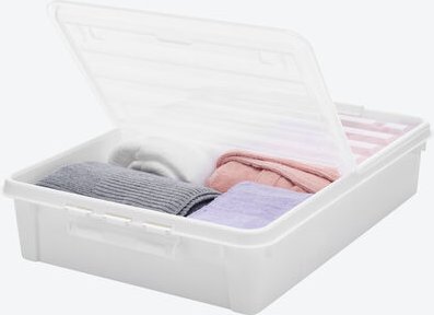 Thumbnail - Aufbewahrungsbox 60 l Volumen - Flache Unterbettbox, Polypropylen (weiß), klappbarer Deckel transparent B/H/T ca. 59/18,...