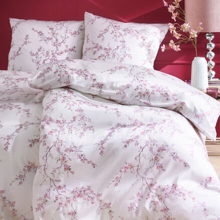 2-tlg. Mako-Satin-Bettwäsche-Set 135 x 200 + 80 x 80 cm - Kirschblütenmotiv, 100 % Baumwolle, hautfreundlich, pflegeleic...