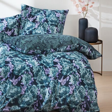 Twill-Wendebettwäsche Flower, nachtblau, 135 x 200 + 80 x 80 cm