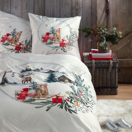 Satin-Bettwäsche Tierische Weihnachten, 135 x 200 + 80 x 80 cm