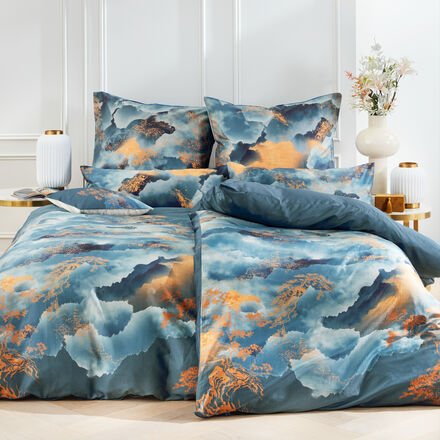 Japanische Bettwäsche - 100 % Baumwolle, Fuji-Motiv, 135/200 cm, Blau/Bronze