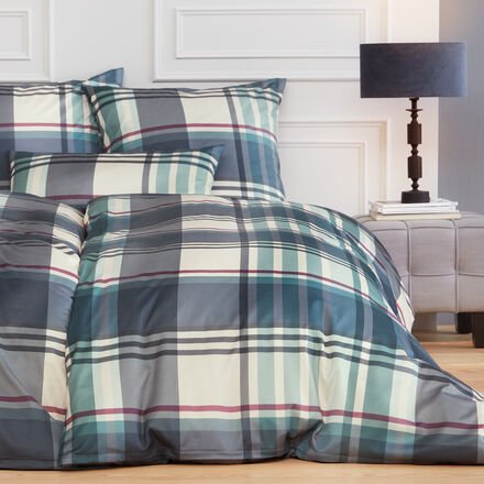 Satin-Bettwäsche Klassik-Karo, blau/beige 155 x 220 + 80 x 80 cm