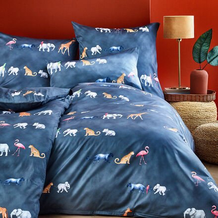 Thumbnail - Satin-Bettwäsche "Serengeti" Dunkelblau - Set Bettbezug und Kissenbezug 135/200 + 80/80 cm, 100 % Baumwolle