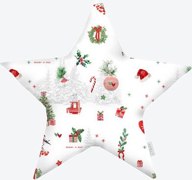 Sternkissen "Xmas" gefüllt - 25 % Baumwolle, 75 % Polyester, Weiß mit weihnachtlichen Motiven in Rot/Grün/Grau, 44/44 cm
