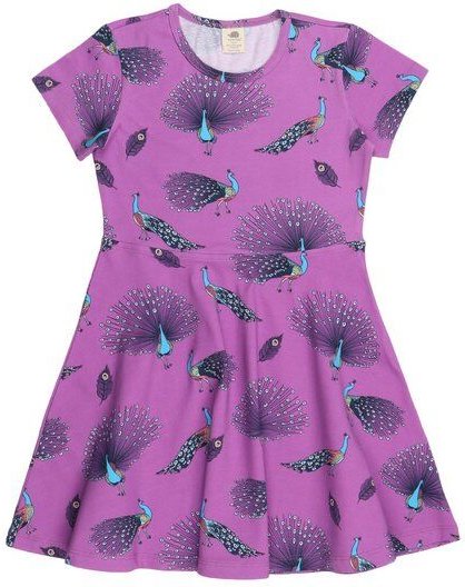 Thumbnail - Kleinkinder Kleid – Bio-Baumwolle, Lila mit Pfauen-Print, bequem, Kurzarm, alltagstauglich | Walkiddy
