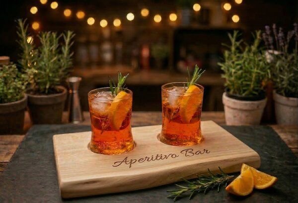 Portia by Callidus Designs Aperitivo Bar Servierbrett aus Eiche mit Naturkante, Aperol Spritz Brett mit Glasmulden, Aper...