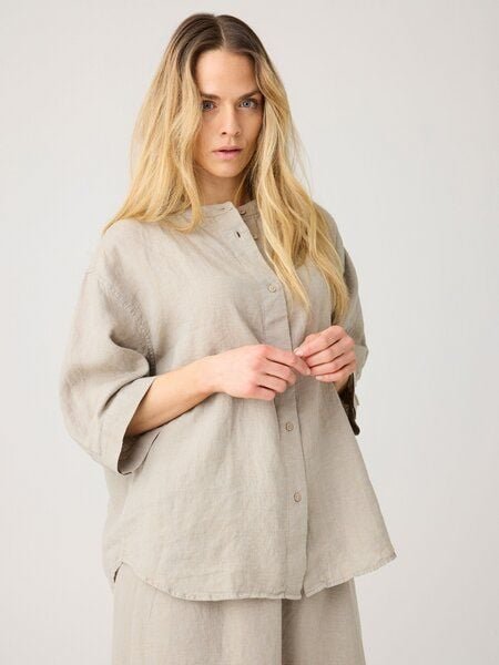 KnowledgeCotton Apparel Lockere Hemdbluse mit 3/4 Arm und Stehkragen aus Bio-Leinen