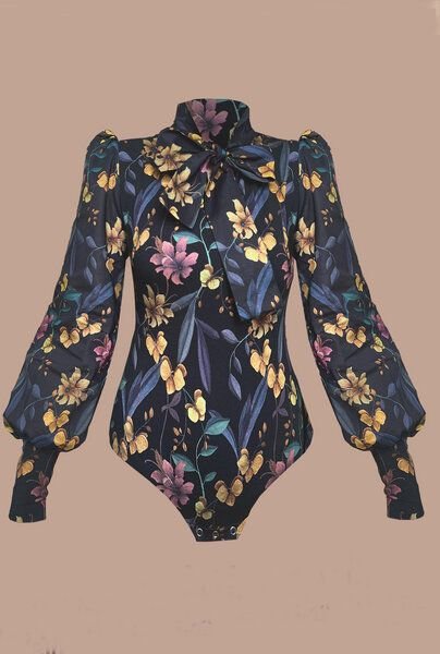 Thumbnail - Atelier SNOW Eleganter Body mit Schleifenkragen und Puffärmeln