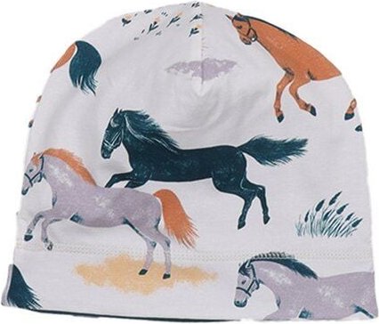 Kinder Beanie GOTS zertifiziert Bio-Baumwolle, Offwhite, Pferde-Muster, Walkiddy