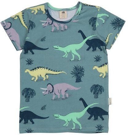 Kinder T-Shirt GOTS-zertifiziert aus Bio-Baumwolle blaugrün mit Dinosaurier-Motiv „Running Dinosaurs“ – Walkiddy