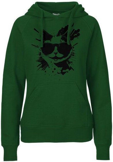 HANDGEDRUCKT "Cool Cat" Frauen HOODY aus reiner Biobaumwolle (kbA)