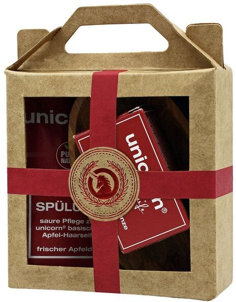 unicorn Mini Geschenkset mit Haarseife, Spülung und Olivenholzschale