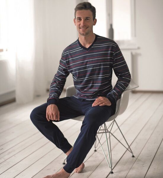 Thumbnail - Ammann Herren Schlafanzug lang V-Ausschnitt aus Bio-Baumwolle