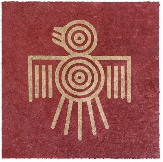 Thumbnail - Veskor Cassiopeia QUETZAL Linoldruck | 22 × 22 cm | Gold auf Rot