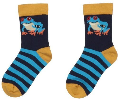 Baby Socken GOTS-zertifiziert aus Bio-Baumwolle, blau gestreift mit Tiermotiven (Frösche & Löwen) – Walkiddy, weich & el...