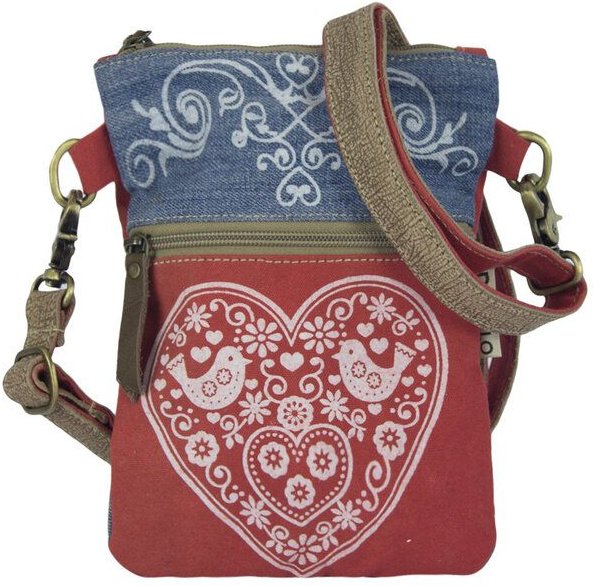Domelo kleine Umhängetasche. Trachtentasche aus recycelter Jeans & Canvas mit Herz-Motiv