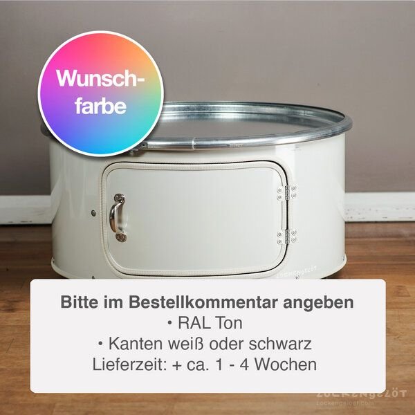 Lockengelöt Little Bob mit Tür - Couchtisch aus einem Hamburger Ölfass