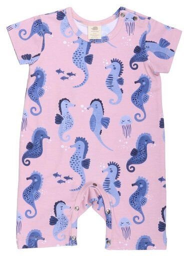 Baby Strampler GOTS zertifiziert, rosa, Seepferdchen-Allover „Blue Seahorses“, Kurzarm – Walkiddy