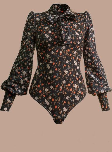 Atelier SNOW Eleganter Body mit Schleifenkragen und Puffärmeln