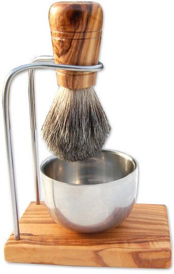 Olivenholz erleben Rasierpinselhalter DESIGN PLUS inkl. Edelstahl-Tiegel glänzend & Rasierpinsel Kunsthaar