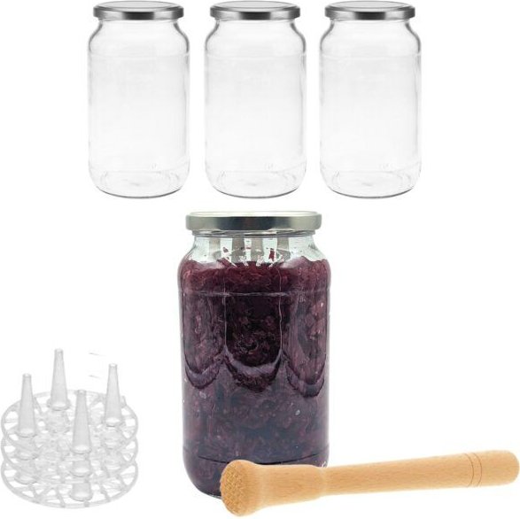 mikken Fermentier Set - 4 x Fermentierglas mit Fermentier Gitter, Holzstößel und Deckel PVC-frei