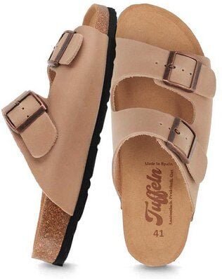 Tuffeln Leder-Pantoletten Norderney mit anatomischem Kork-Fußbett Zweischnaller-Sandalen