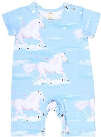Baby Kurzarm-Strampler GOTS zertifiziert – Bio-Baumwolle, Hellblau mit Pferdemotiv, weich & bequem, alltagstauglich | Wa...