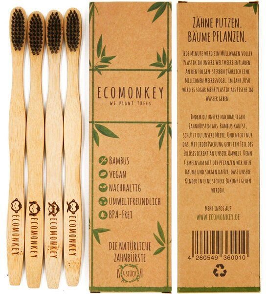 ECOMONKEY Bambus Zahnbürste - Nachhaltig, vegan, weiche Borsten, plastikfrei, 4x