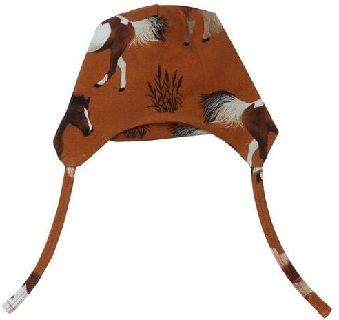 Kinder Mütze GOTS zertifiziert, Bio-Baumwolle, braun, Pferde-Muster, Bindebänder, weich & bequem – Walkiddy