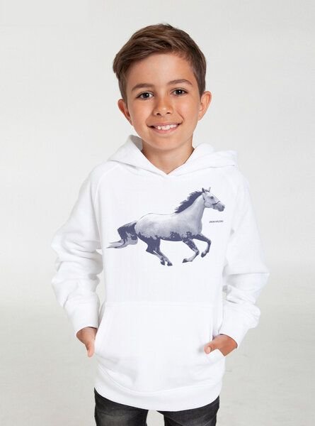 Peaces.bio - handbedruckte Biomode Bio-Kinder-Kapuzen-Sweatshirt "Horsepower"