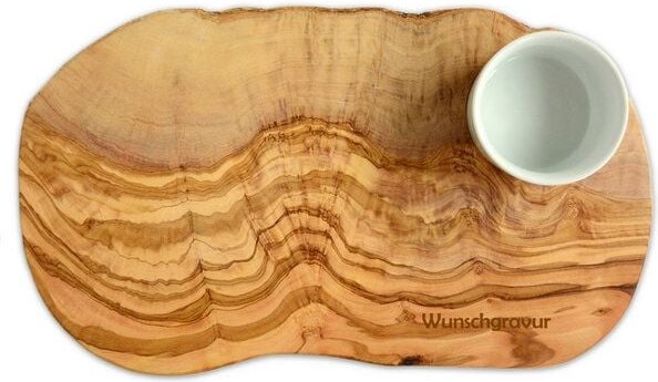 Olivenholz erleben Burgerbrett rustikal (ca. L 40 - 44 cm) inkl. Porzellanschale