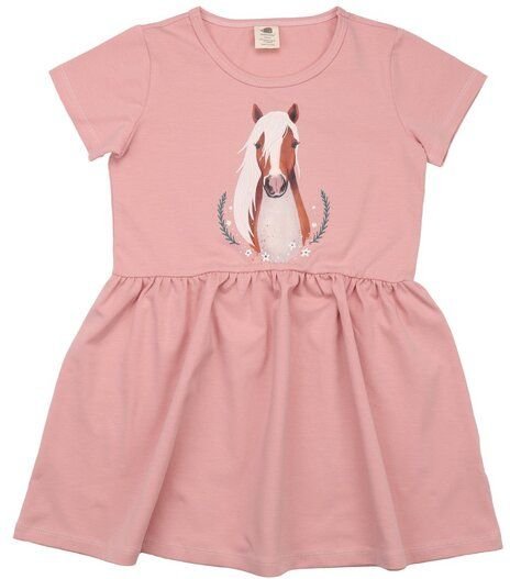 Kinder Kleid GOTS-zertifiziert aus Bio-Baumwolle, pink mit Little & Big Horses-Motiv, kurzarm, schwingender Rock – Walki...