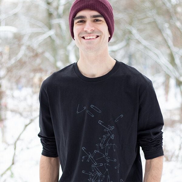 Spangeltangel Langarm-Shirt "Sicherheitsnadeln", schwarz, Herren, Siebdruck