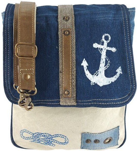 Sunsa Messenger Tasche aus recycelter Jeans & Canvas. Nachhaltige Umhängetasche mit Maritim Motiv