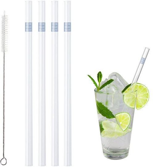 Thumbnail - Contento Glastrinkhalm 21 cm lang, 4 Stück, "DRINK RELAX ENJOY", mit Bürste