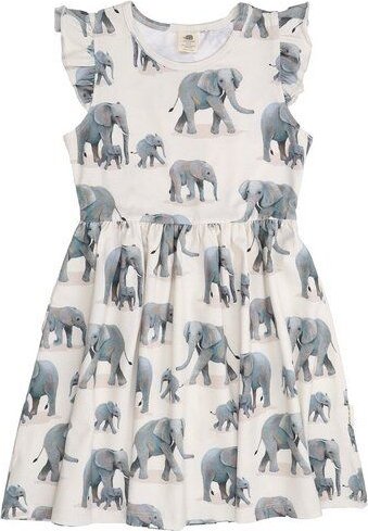 Kleinkinder Kleid – Bio-Baumwolle, Rüschenärmel, Elefanten-Print, hell, bequem | Walkiddy