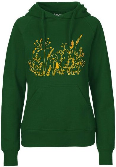 HANDGEDRUCKT "Wilde Wiese" Frauen HOODY aus reiner Biobaumwolle (kbA)