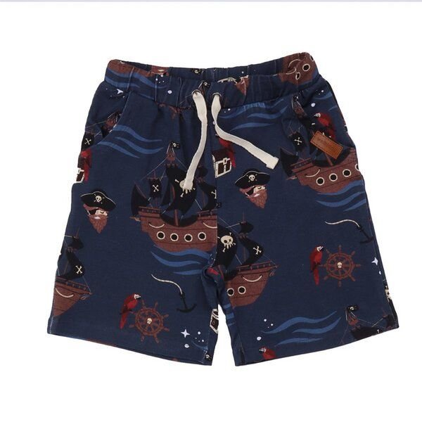Kinder Shorts GOTS zertifiziert, blau, Piratenschiff-Print, Kordelbund, weich – Walkiddy