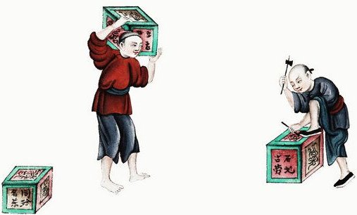 Photocircle Poster / Leinwandbild - Chinesische Malerei von zwei Männern mit Teekisten