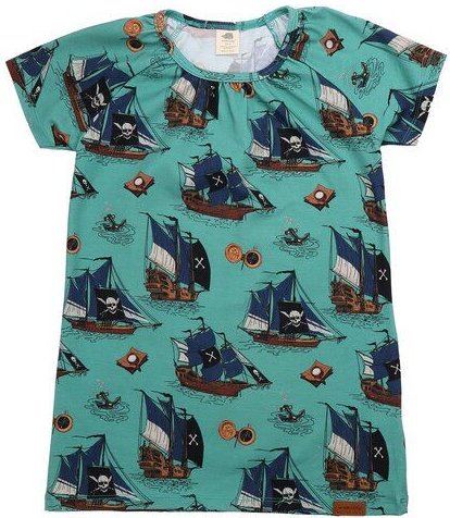Kinder Tunika GOTS zertifiziert, grün, Piratenschiff-Allover, Kurzarm, weich – Walkiddy