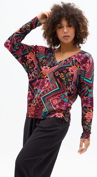 Bluse Saja Longsleeve – Viskose farbenfroher KOKOworld Print weiter Schnitt V-Ausschnitt – perfekt für Yoga – Fair produ...