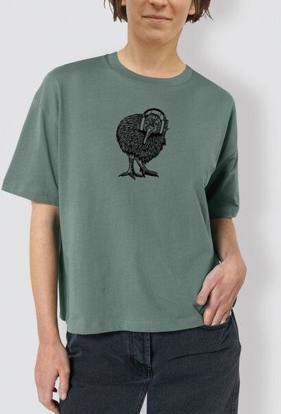 little kiwi Damen T-Shirt, „Kiwi mit Kopfhörer“, locker geschnitten
